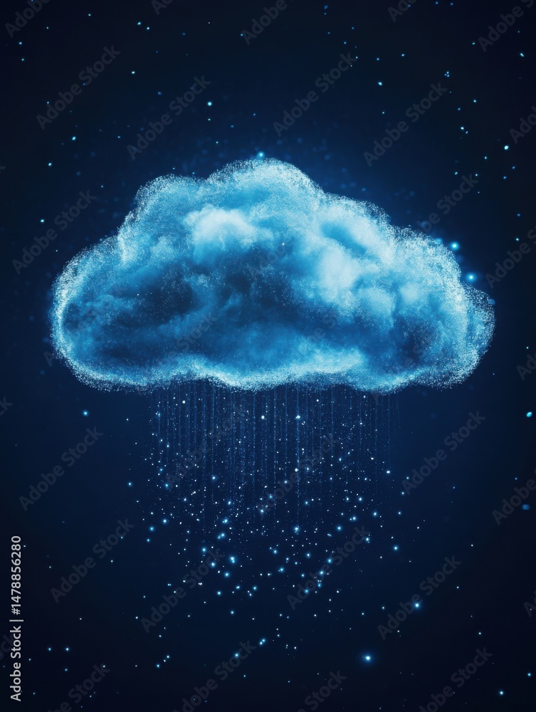 Poster digital cloud computing concept rendering of data storage network with starry sky background and glo