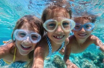 Two children, a girl and a boy, swimming underwater in the clear blue water of an exotic island beach with tropical sand, wearing colorful swimsuits and snorkeling gear