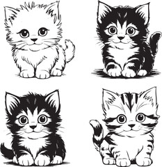 Cute Cartoon Kitten Vector Set – Black and White Adorable Baby Cats