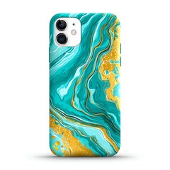 fluid abstract artwork with vibrant teal and gold marble swirls, high contrast ink textures, glossy effect, perfect for phone case design
