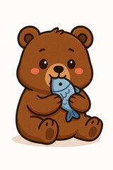 cute cartoon illustration of a bear eating fish