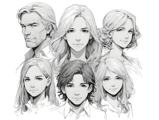 A grayscale illustration depicts six diverse individuals showcasing various hairstyles and facial expressions in a family portrait style.