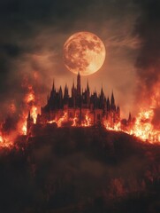Dramatic view of gothic castle engulfed in flames under a full moon at night fantasy concept art