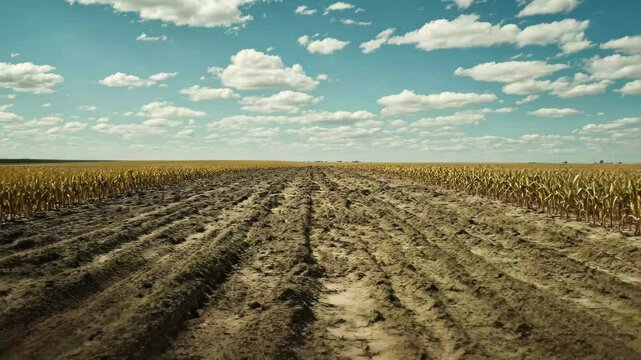 Farmland affected by severe drought revealing dry soil and stunted crops under a vast sky, farmland suffering from prolonged drought, Seamless ing video background