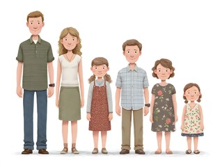 Fototapeta premium A happy family portrait shows parents and their three daughters standing together in a cheerful illustration.