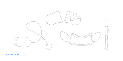 Hand Drawn Medical Supplies Line Icon Set. Editable Stroke, Isolated on White Background. Vector Illustration