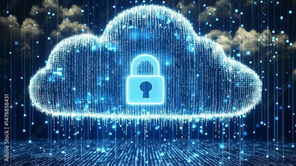 Poster digital cloud security concept with lock symbol, data protection, encryption technology, binary code