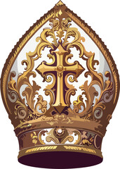 Regal Ornate Papal Mitre Vector Illustration with Golden Cross and Baroque Filigree – High Detail Catholic Bishop Crown Clipart