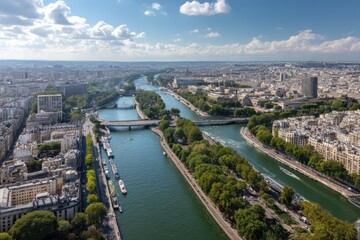 Obraz premium Stunning aerial view of Paris, showcasing the River Seine and historical landmarks under bright sunlight.