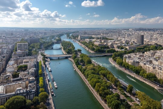 Stunning aerial view of Paris, showcasing the River Seine and historical landmarks under bright sunlight.