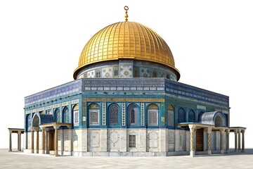 Obraz premium Dome of the Rock exhibits golden dome and blue tiled walls against a white background