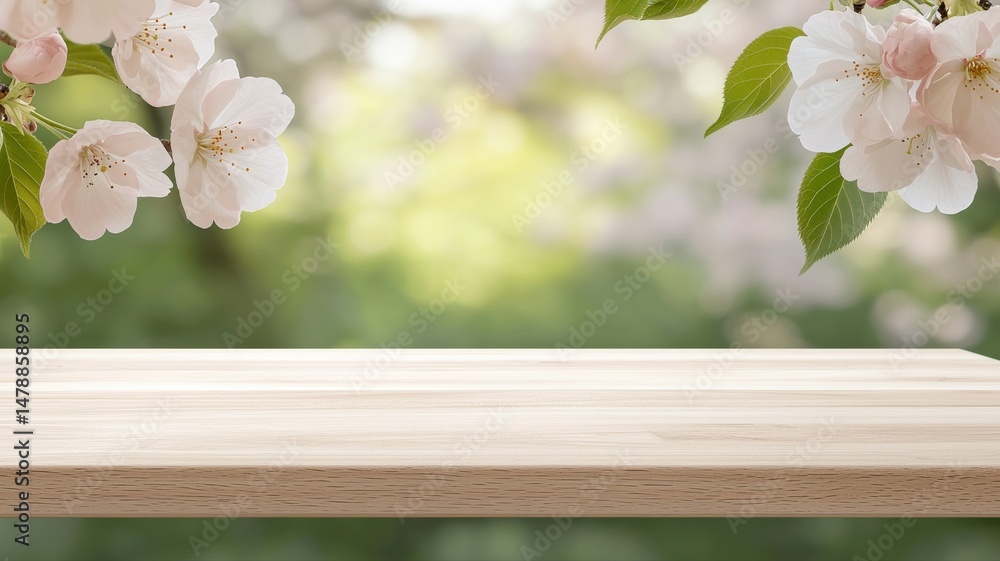 Poster empty wooden table with cherry blossoms and bokeh background bokeh wooden table tabletop empty table