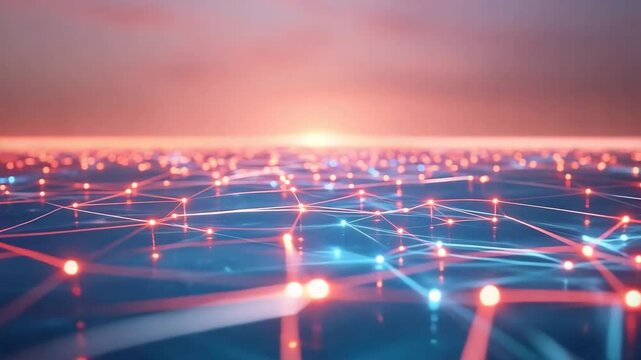 Abstract digital landscape with glowing connections and nodes illustrating technology and innovation in a futuristic setting at sunrise
