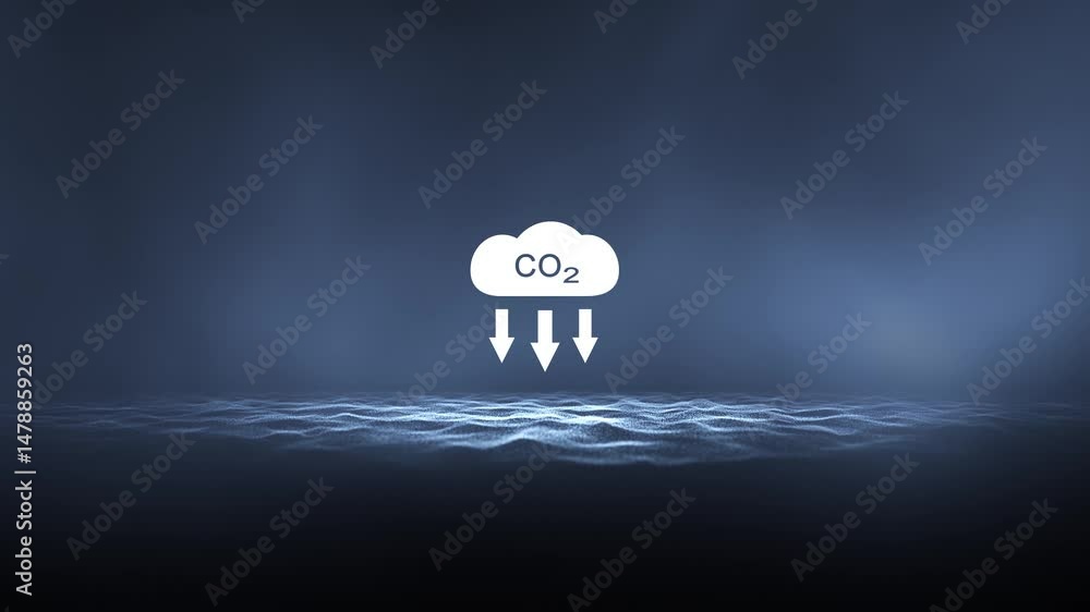 Poster concept carbon dioxide symbol on abstract sea waves with foggy light loop animation.