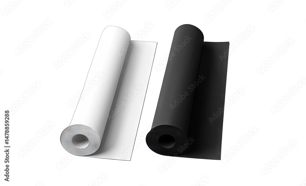 Poster two rolls of paper one white and one black on a transparent background the white roll is on the left