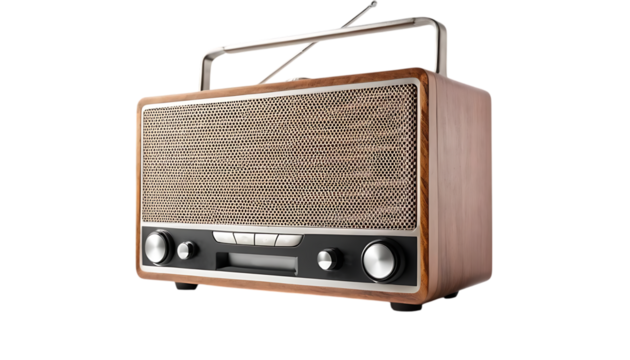 Vintage Wooden Radio: A classic retro radio with a rich wooden casing and metallic accents, exuding nostalgia and timeless appeal.