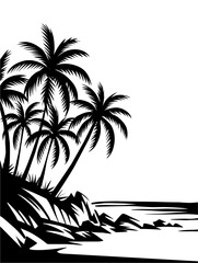Flat vector illustration of black tropical silhouettes forming a frame with sea, rocky beach, and palm trees. Isolated on transparent background for summer, vacation, and beach design themes