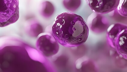 Floating purple spheres in motion.  Detailed close-up view of numerous glossy,  purple  objects suspended in mid-air,  suggesting  a  biological or scientific concept