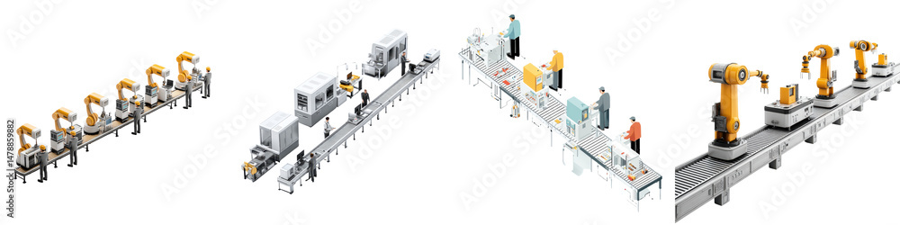 Poster advanced automated manufacturing systems featuring robotic arms and conveyor belts, designed for eff
