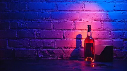 Stylish liquor bottle, vibrant neon lighting, on a textured surface