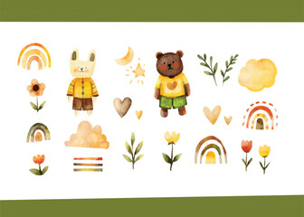 Boho Watercolor Animal Friends and Nature Clipart
Bear and Bunny Clipart in Boho Style
Cute Woodland Animals with Rainbows and Flowers
Earthy Toned Boho Kids Illustration Set
Hand-Drawn bear and bunny