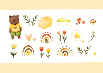 Hand drawn watercolor cute boho clipart for nursery room, baby shower, or birthday card decoration. Hand drawn watercolor boho set, Vector boho rainbows collection. Boho element clip art collection	
