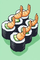 Illustration of tempura shrimp sushi rolls with avocado on a light green background, close up view, cartoon style, delicious asian cuisine
