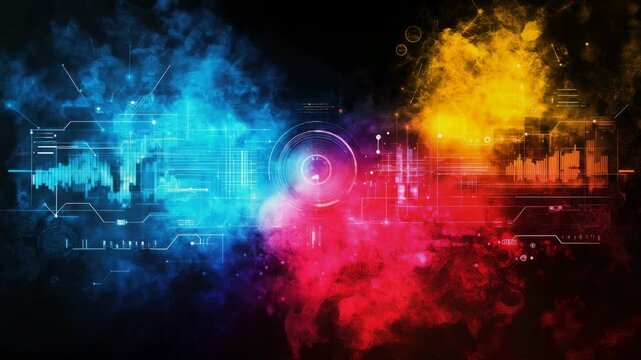A vibrant digital abstract design featuring colorful data graphs, circular elements, and glowing circuitry on a dark background.