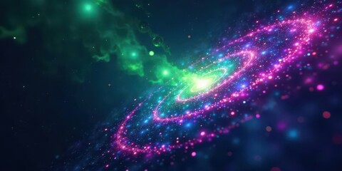Obraz premium A vibrant cosmic swirl, nebulae colliding in a dazzling display of pink, teal, and green, with shimmering particles dancing across the dark expanse.