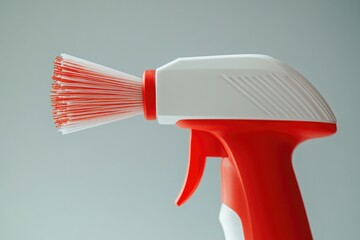 Cleaning spray nozzle with brush attachment. A close-up of a cleaning tool, featuring a red spray nozzle and a white body. Red bristled brush head for scrubbing surfaces