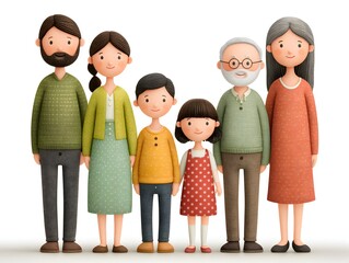 Fototapeta premium A happy multigenerational family portrait featu parents, children, and grandparents standing together smiling in a cute cartoon illustration