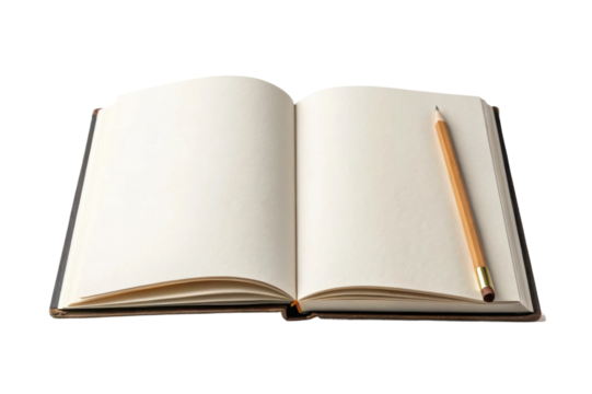 PNG Open notebook with blank pages and pencil on white background