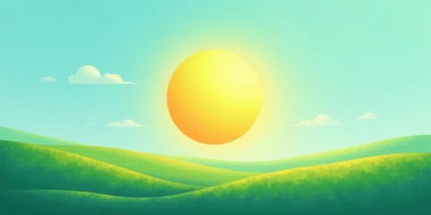 Serene Summer Meadow Landscape with a Large, Bright Sun and Rolling Hills Under a Pale Blue Sky