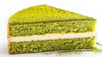 Close Up of Matcha Cake Slice on White Background Showing Layers and Green Tea Powder Topping Dessert Food Photography