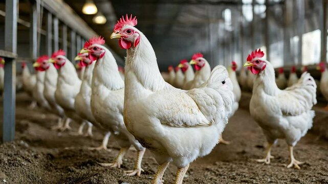 Broiler chicken farm in action with healthy chickens roaming freely in spacious indoor facility, broiler chicken farm