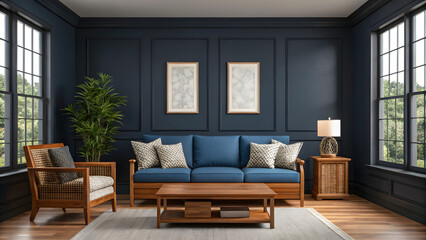 Dark blue sofa and recliner chair in Scandinavian apartment