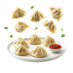 Delicious dumplings on a plate with spicy dipping sauce, garnished with herbs, perfect for sharing and enjoying a flavorful meal. on transparent background