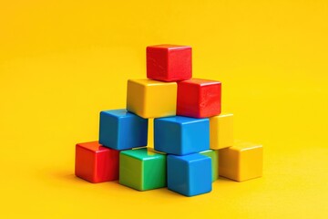 Obraz premium Colorful building blocks arranged in a pyramid shape on a vibrant yellow background. The blocks are various colors, creating a visually engaging display