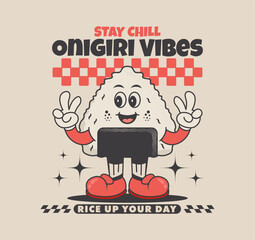 Cute retro onigiri cartoon character, perfect for T-shirt designs, posters, and stickers. Playful and colorful vector illustration with a nostalgic Japanese vibe