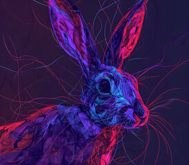 an abstract drawing of a rabbit with colorful lines, precisionist lines, light red and indigo, colorful turbulence with mixed pattern colorful background
