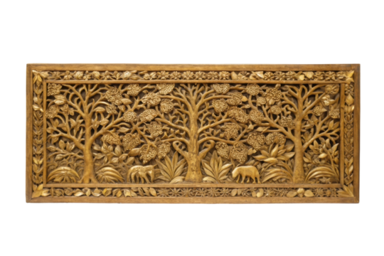 PNG Intricate wooden carved panel with forest animals and tree design