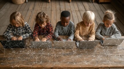 Diverse children using laptops, focused on learning, interconnected, wooden floor