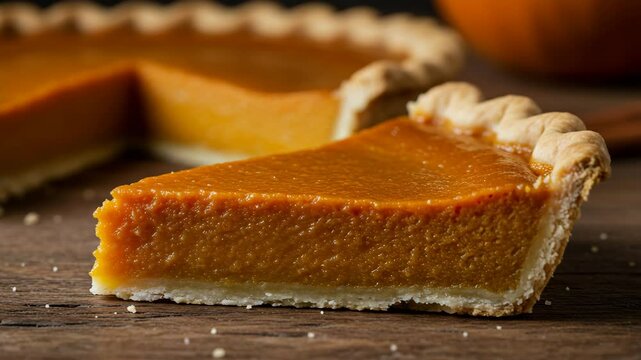 Slice of pumpkin pie on wooden table with whole pie in background  
