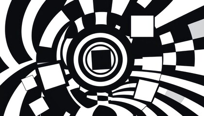 Abstract black and white composition featuring circles, squares, and swirling shapes, creating a visually dynamic and impactful design