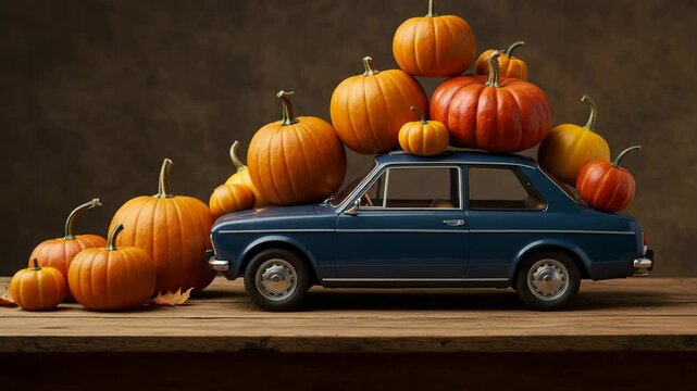 Vintage blue car with pumpkins stacked on top in rustic setting  