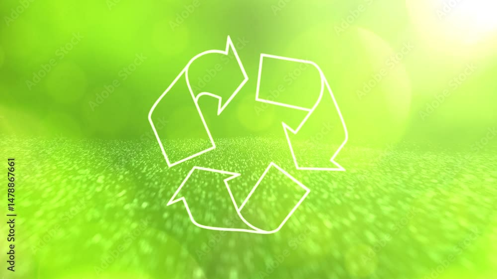 Poster green sunny nature blurred background with recycle arrows loop rotation.