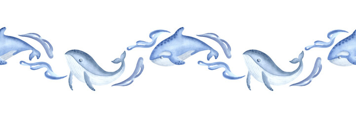 Blue and killer whale with sea waves watercolor blue seamless border for kids design. Hand drawn isolated illustration of cute marine animal characters. Underwater ocean inhabitants in sketch style.