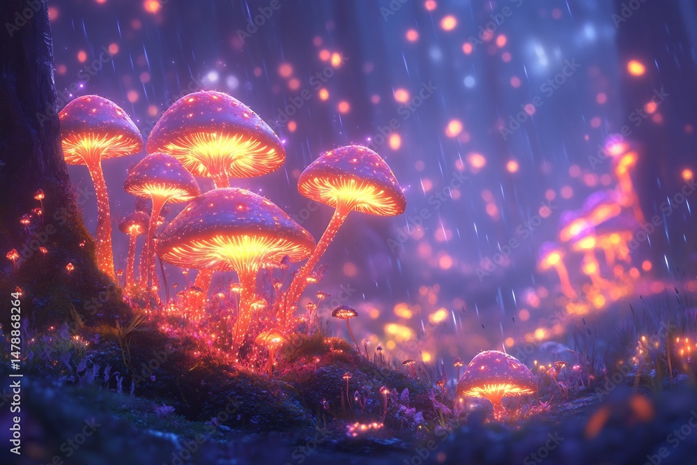 Poster alien mushroom forest glowing caps emitting bioluminescence illuminating the ground with a soft colo