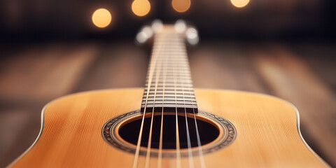 A close up of a guitar with a dark background
