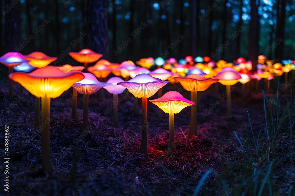 Poster alien mushroom forest glowing caps emitting bioluminescence illuminating the ground with a soft colo